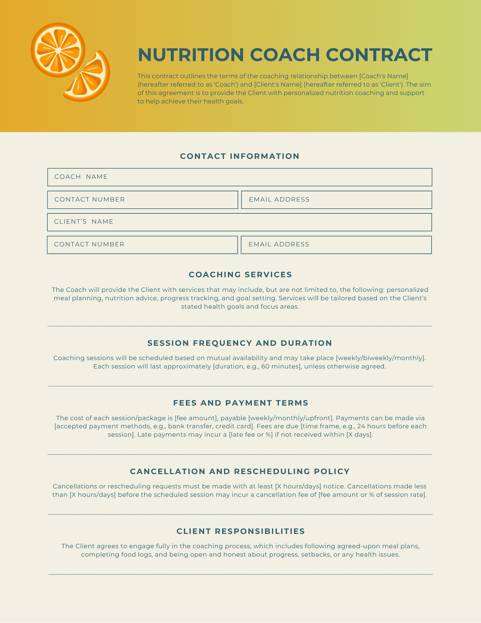 Nutrition Coach Contract Template
