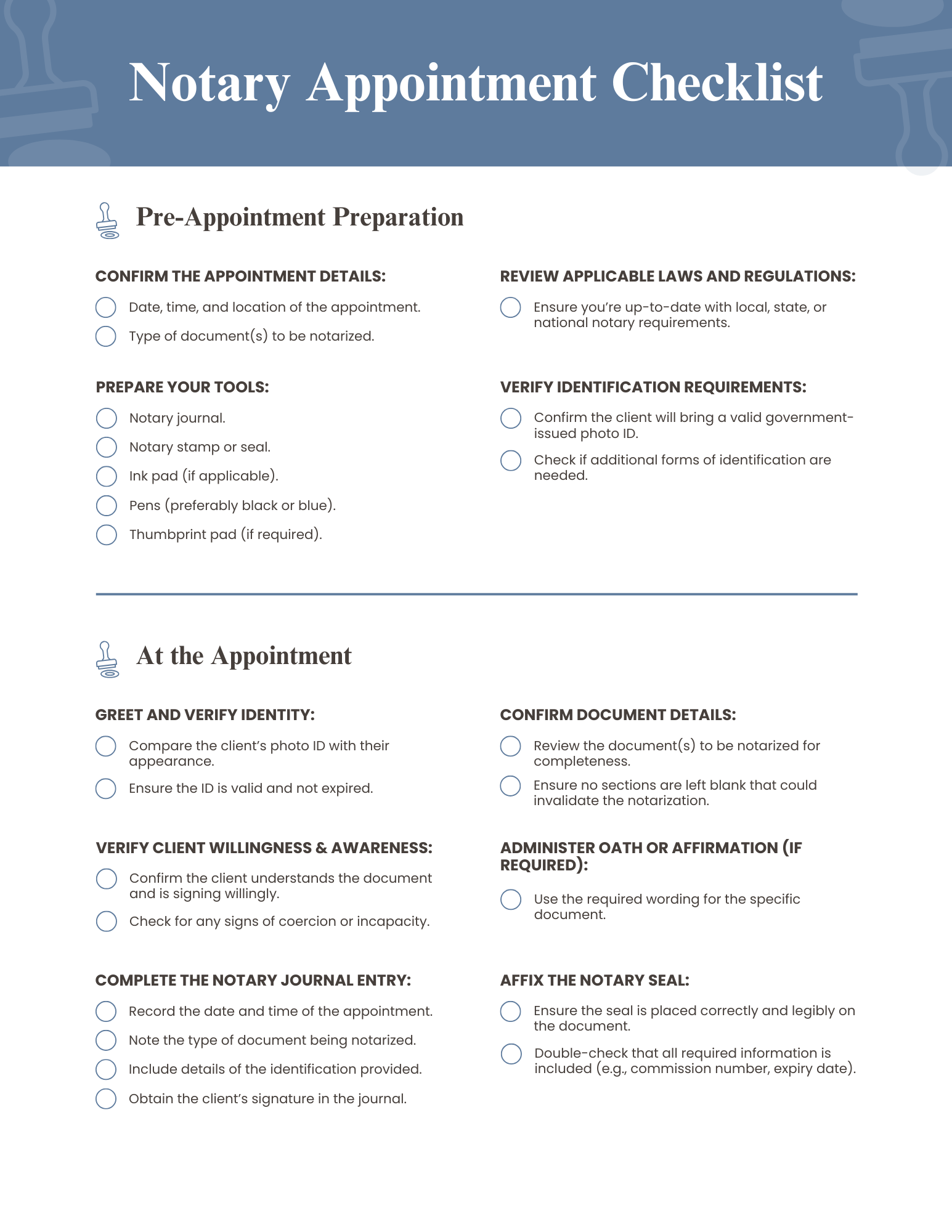 Notary Appointment Checklist