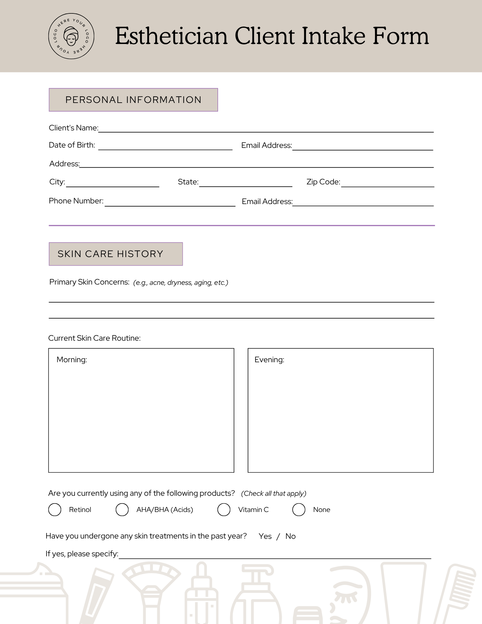 Esthetician Client Intake Form