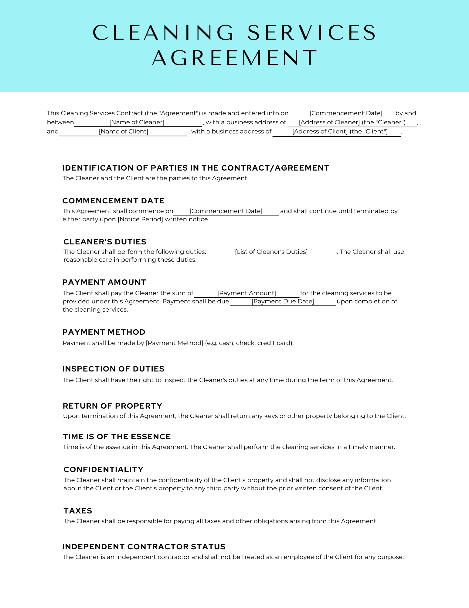 Cleaning Services Agreement Template