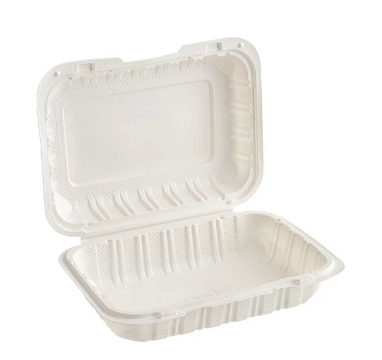 Choice 9 x 6 1-Compartment Microwaveable White Mineral-Filled Plastic Hinged Take-Out Container