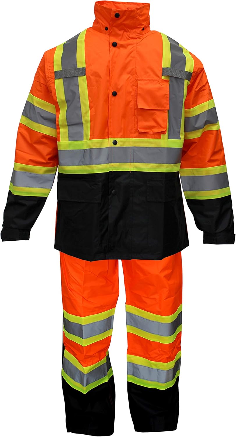 Zyvron Safety X-Pattern High Visibility Rain suit, Jacket, Pants High Visibility Reflective Black Bottom