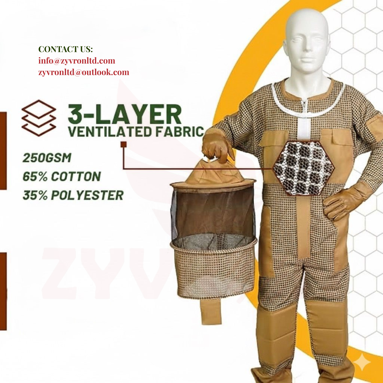 Zyvron Ultra Ventilated 3-Layer Khaki Beekeeping Suit with Dual Veils & Goatskin Gloves