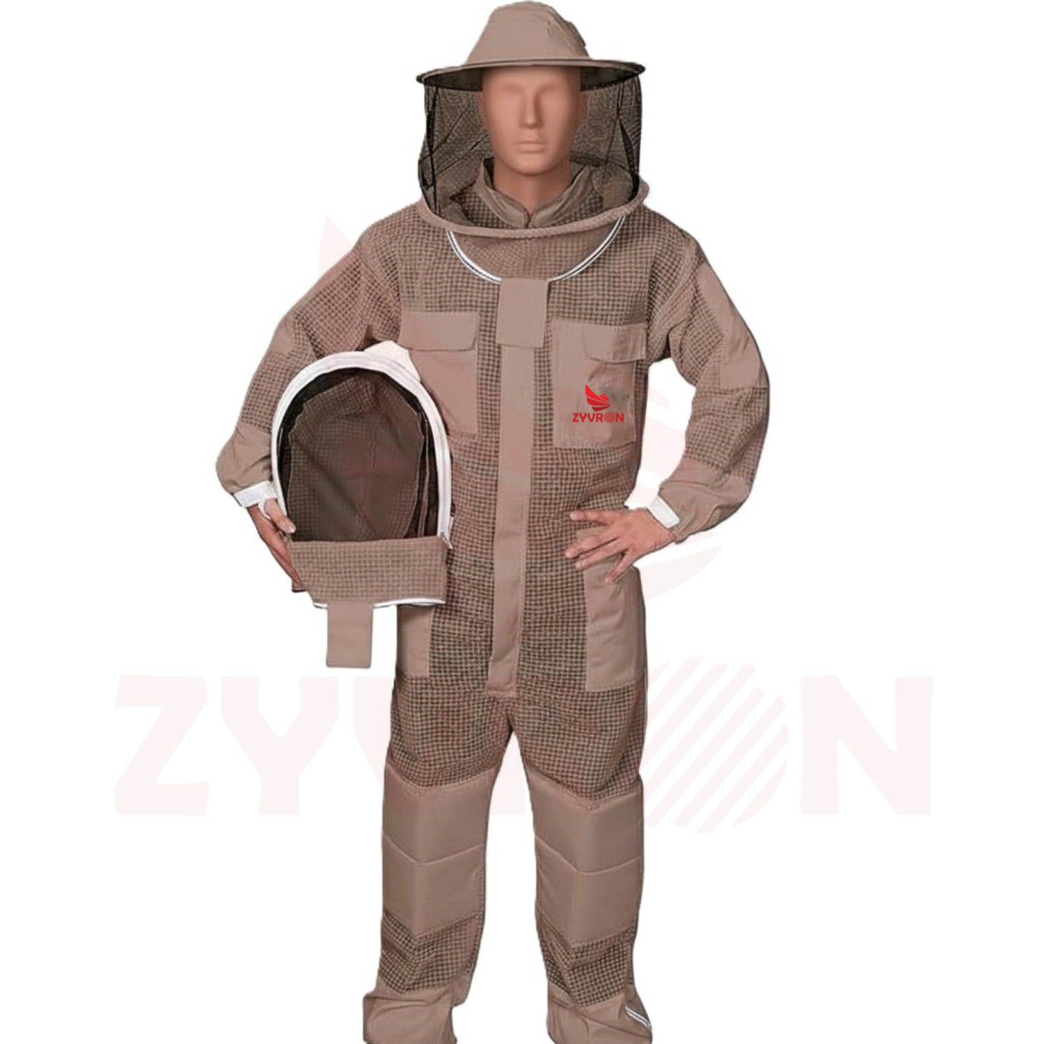 Zyvron Ultra Ventilated 3-Layer Khaki Beekeeping Suit with Dual Veils & Goatskin Gloves