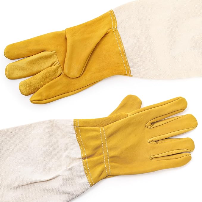 3 Pairs Beekeeping Gloves – Goatskin Leather with Ventilated Canvas Sleeves, Thick Protective Gloves for Beginner & Professional Beekeepers, Elastic Cuffs