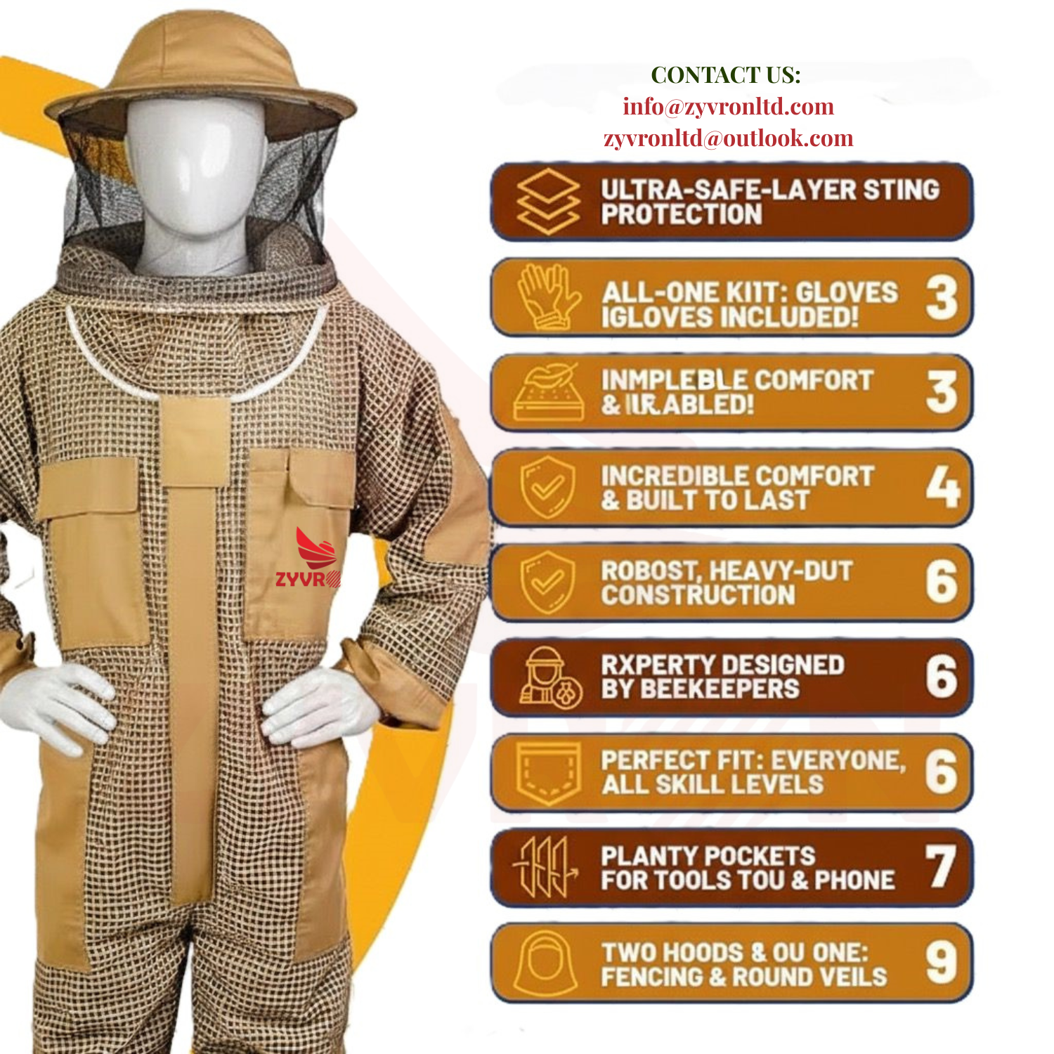 Zyvron Ultra Breeze 3-Layer Ventilated Beekeeping Suit with 2 Veils & Goatskin Gloves – Professional Uniex Sting-Proof Protection 