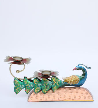 Decorative Peacock Multicolour Metal Table Tea Light Holder