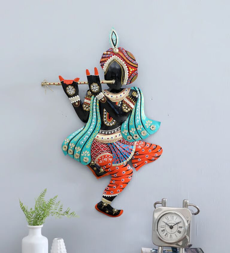 Decorative Krishna Panting Multicolour Iron Wall Art