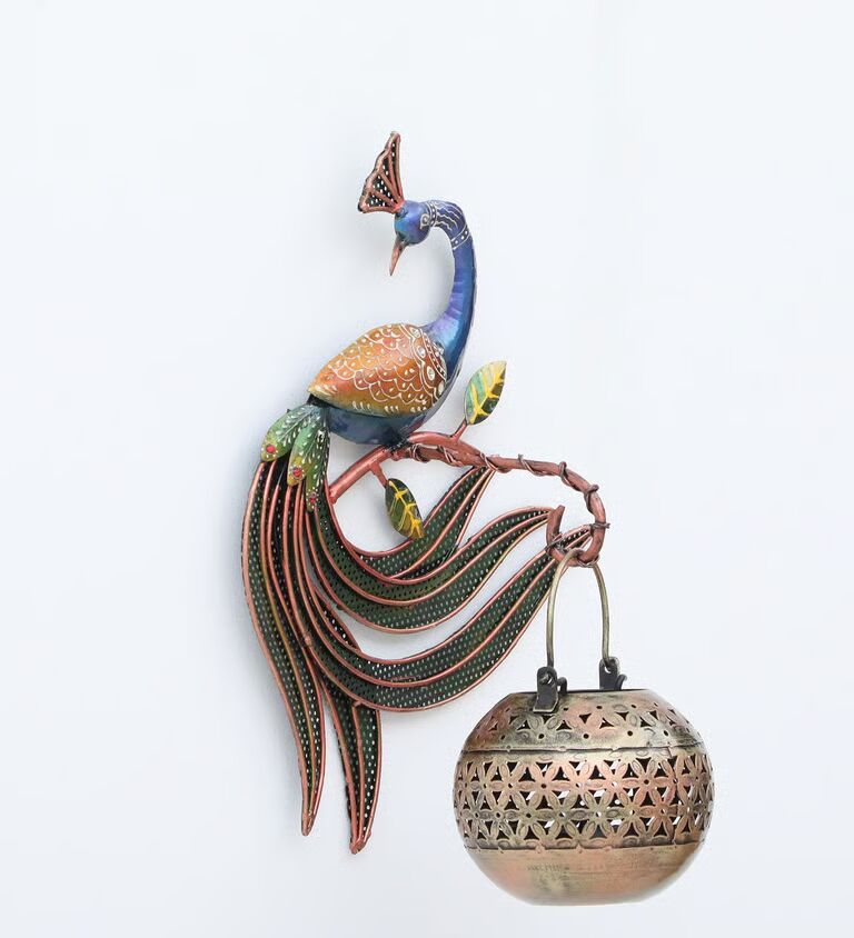 Peacock Hook Jali Pot Multicolour Metal Wall Tea Light Holder