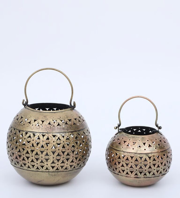 Decorative Jali Set of 2 Multicolour Metal Hanging Tea Light Holder