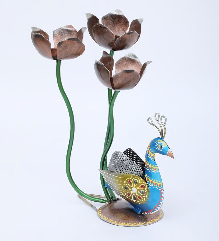 Decorative Flower Peacock Multicolour Metal Table Tea Light Holder