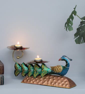 Decorative Peacock Multicolour Metal Table Tea Light Holder