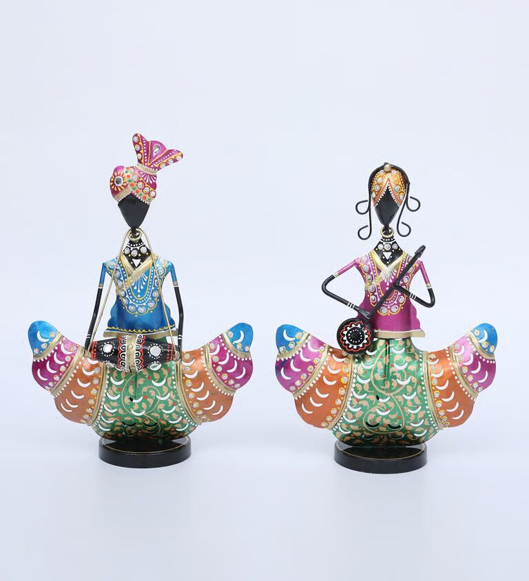 Decorative Doll Set Of 2 Multicolour Metal Table Tea Light Holder