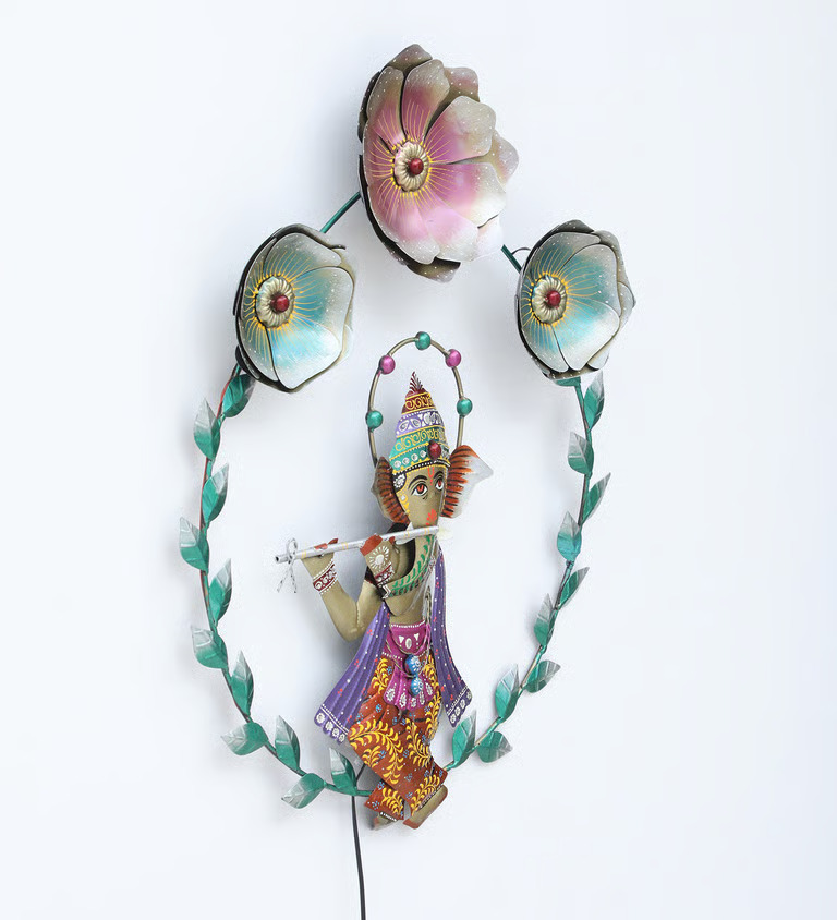 Decorative Flower Ganesh Multicolour Metal with LED Wall Art
