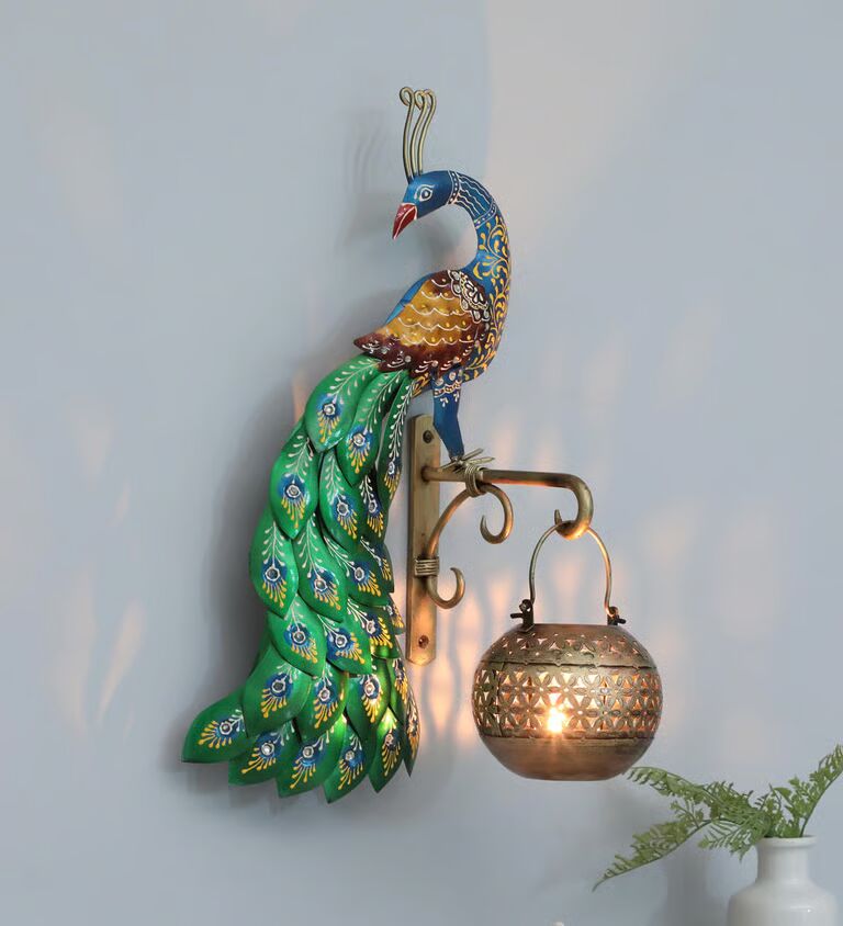 Decorative Peacock Multicolour Iron Wall Hanging Tea Light Holder