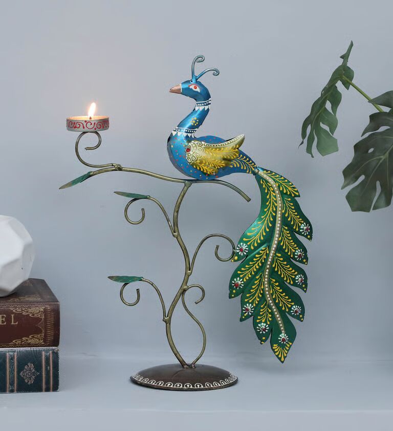 Decorative Peacock Multicolour Metal Table Tea Light Holder