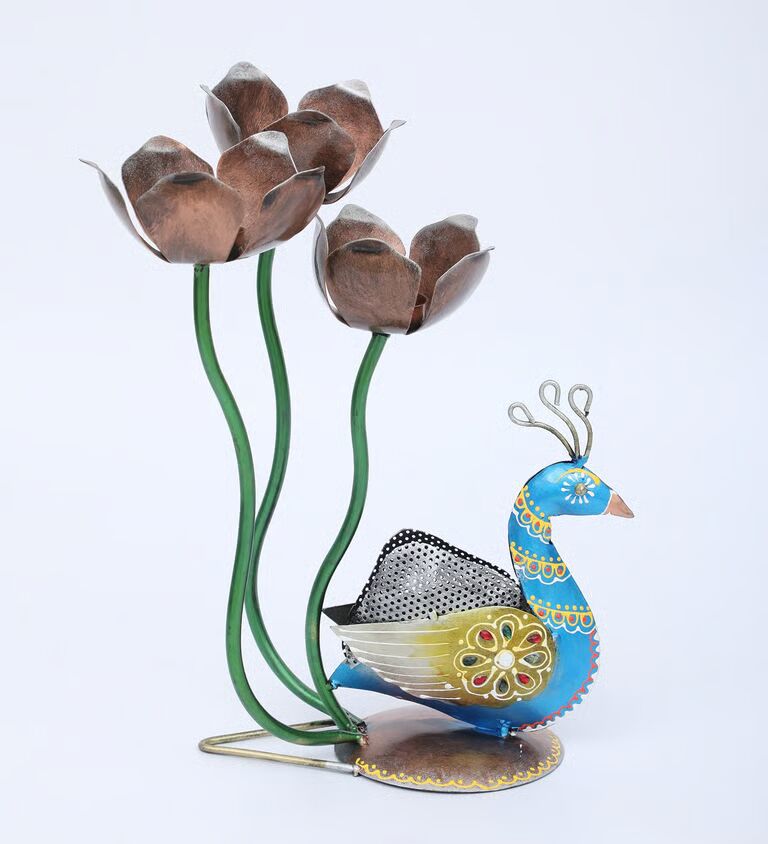 Decorative Flower Peacock Multicolour Metal Table Tea Light Holder
