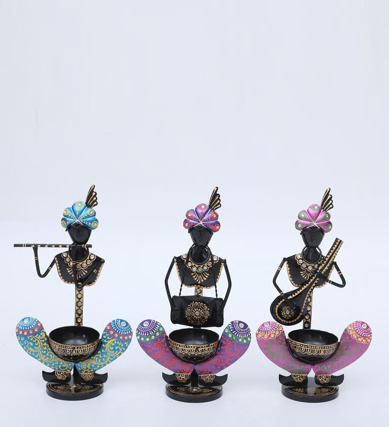 Krishna Set Of 3 Multicolour Iron Tea Light Holder