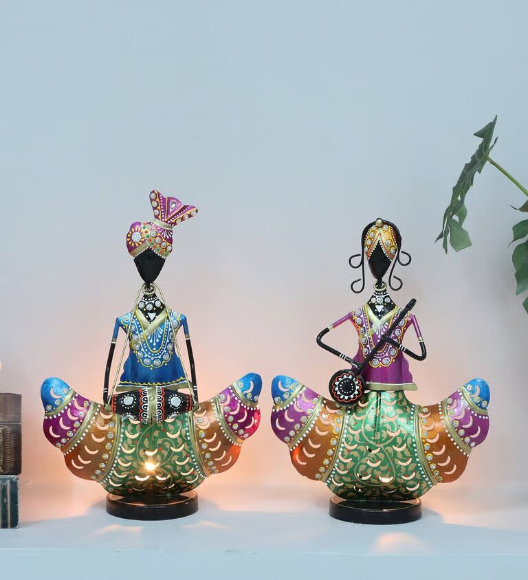 Decorative Doll Set Of 2 Multicolour Metal Table Tea Light Holder