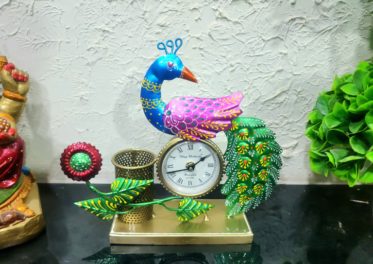 Decorative Multicolourr Peacock clock and  pen stand 