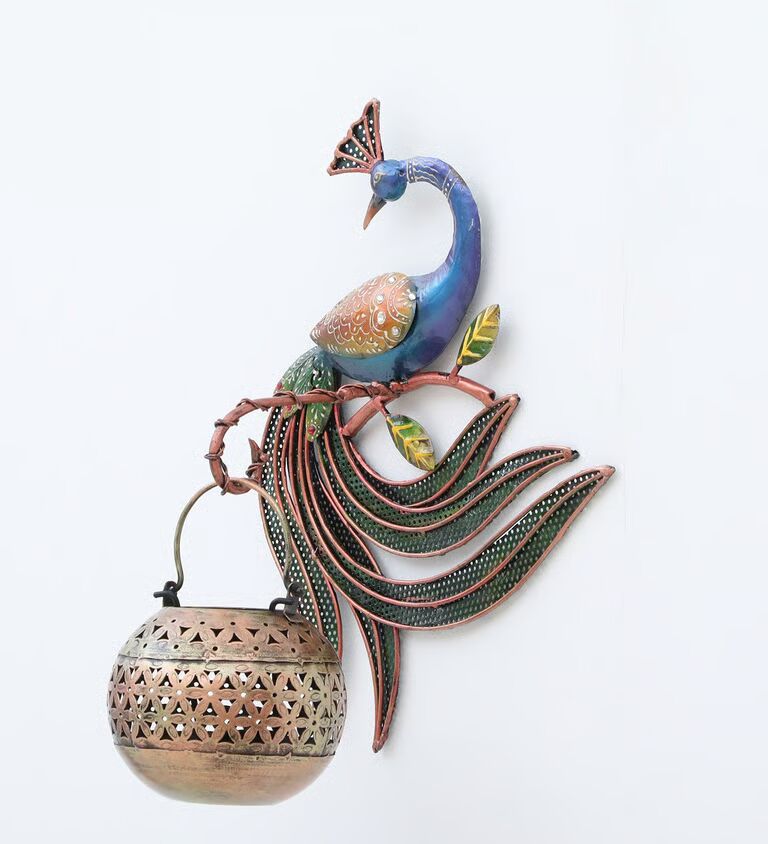 Peacock Hook Jali Pot Multicolour Metal Wall Tea Light Holder