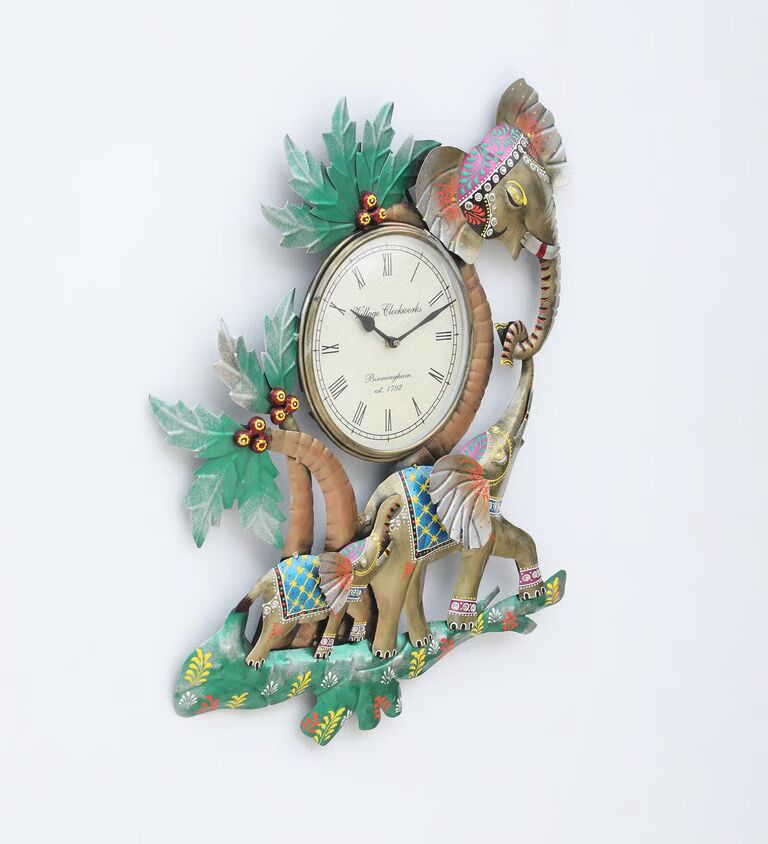 Decorative Elephant Multicolour Metal Novelty Traditional Wall Clock