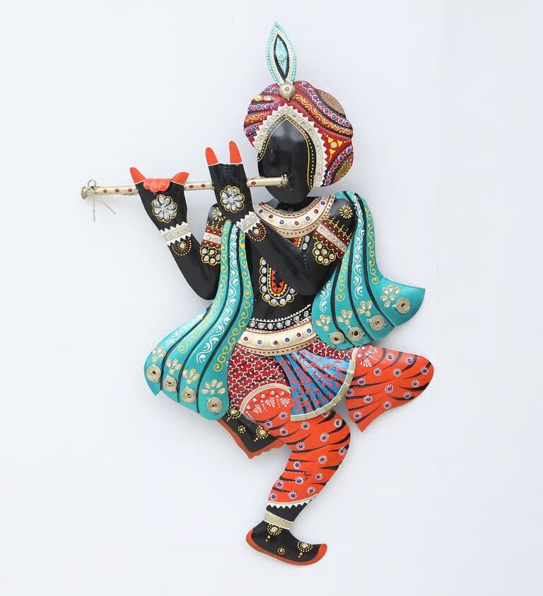 Decorative Krishna Panting Multicolour Iron Wall Art