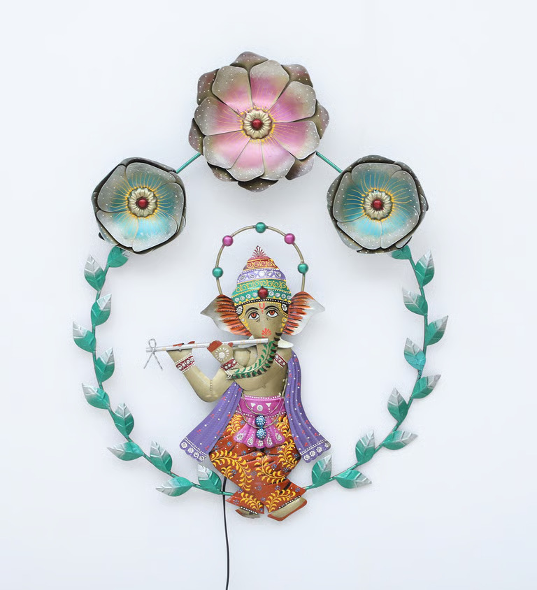 Decorative Flower Ganesh Multicolour Metal with LED Wall Art