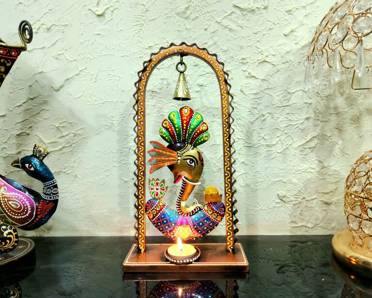 Decorative Ganesh Multicolour Metal Ganesh bell tea light stand 