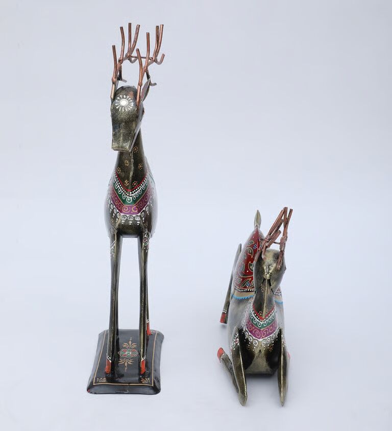 Deer Panting Set Of 2 Multicolour Iron Figurines