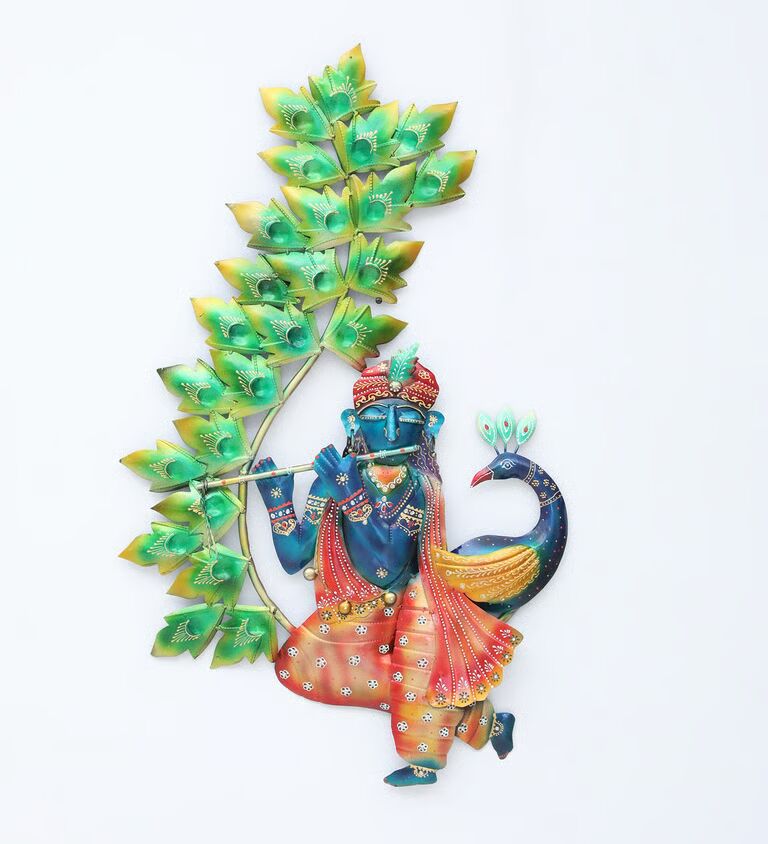 Decorative Peacok Krishna Tree Multicolour Iron Wall Art
