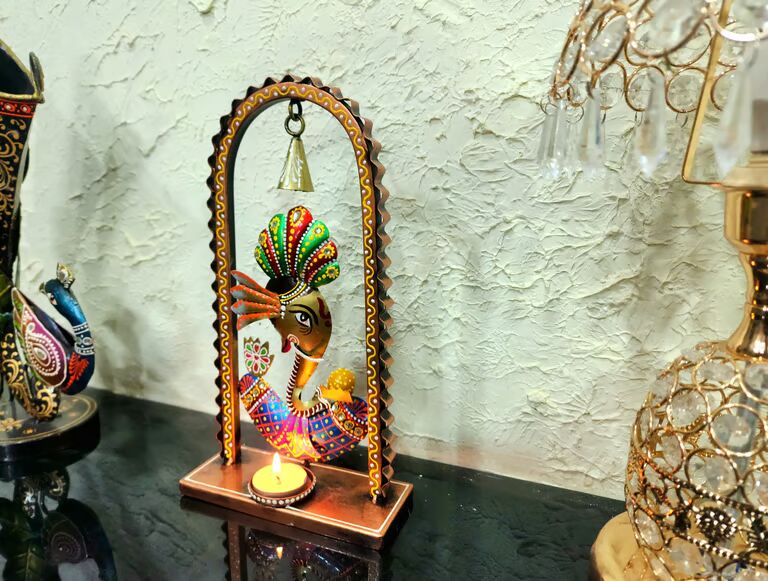 Decorative Ganesh Multicolour Metal Ganesh bell tea light stand 