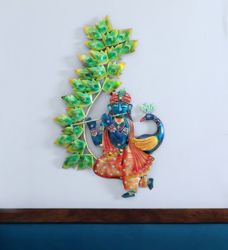 Decorative Peacok Krishna Tree Multicolour Iron Wall Art