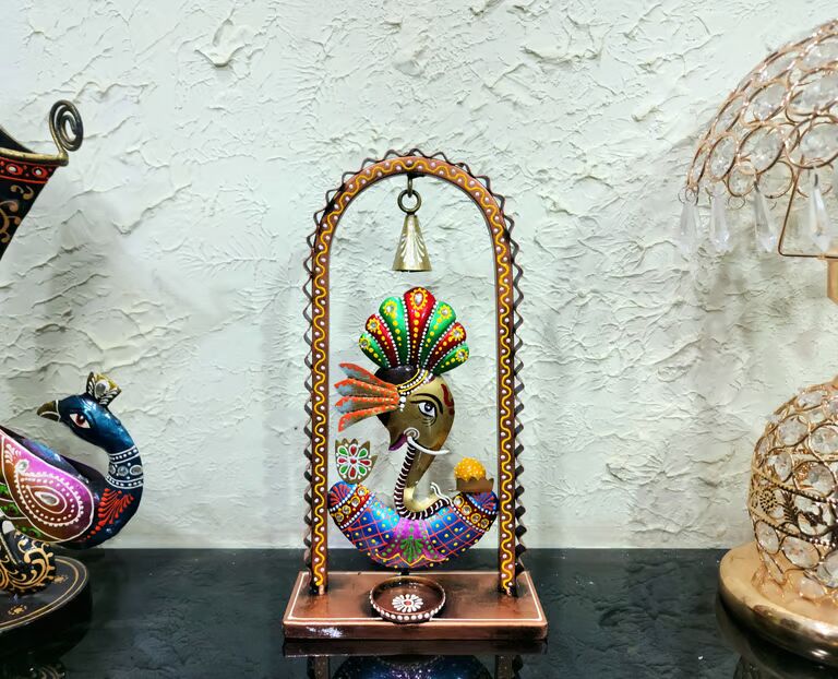 Decorative Ganesh Multicolour Metal Ganesh bell tea light stand 