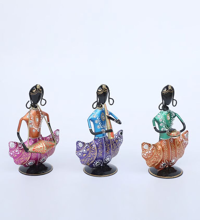 Lady Doll Set Of 3 Multicolour Iron Figurines