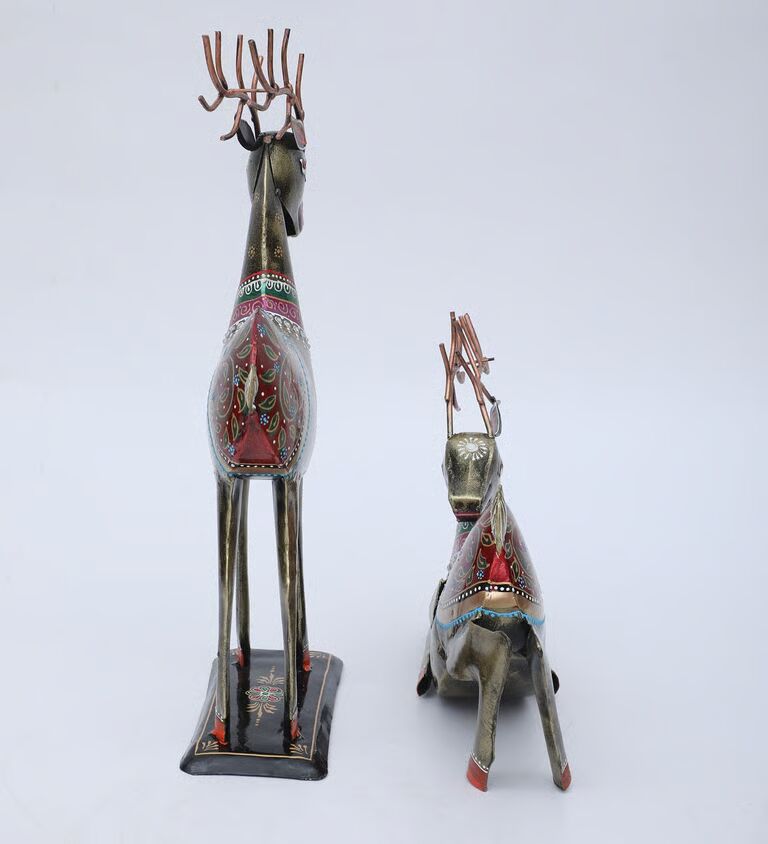 Deer Panting Set Of 2 Multicolour Iron Figurines