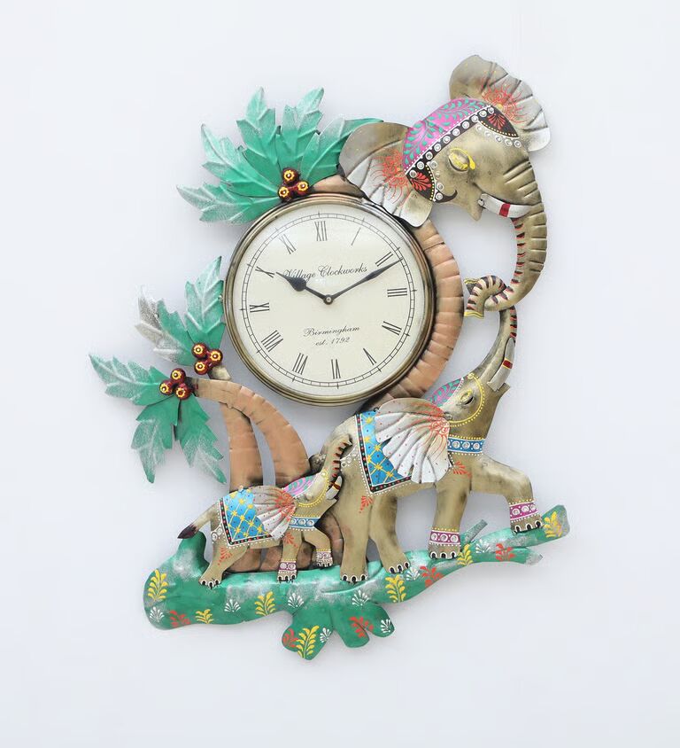 Decorative Elephant Multicolour Metal Novelty Traditional Wall Clock