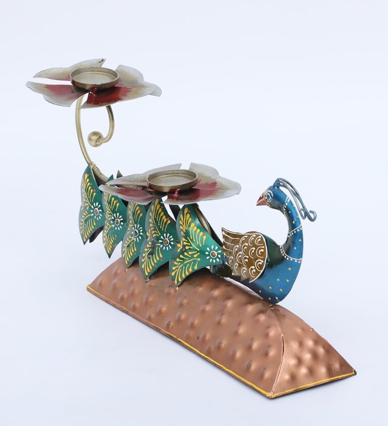 Decorative Peacock Multicolour Metal Table Tea Light Holder