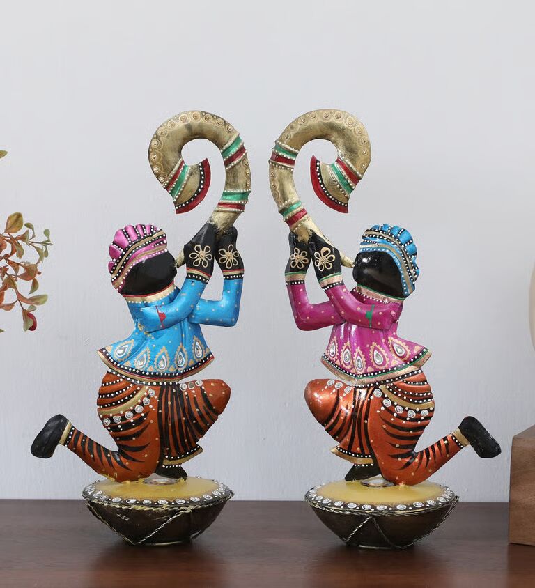 Dolak Musician Set Of 2 Multicolour Iron Figurines