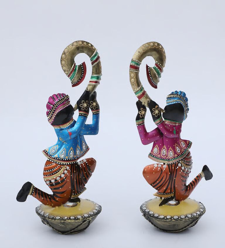 Dolak Musician Set Of 2 Multicolour Iron Figurines