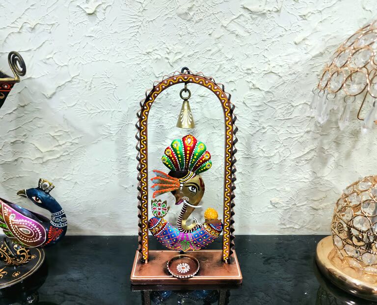 Decorative Ganesh Multicolour Metal Ganesh bell tea light stand 