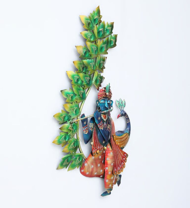 Decorative Peacok Krishna Tree Multicolour Iron Wall Art