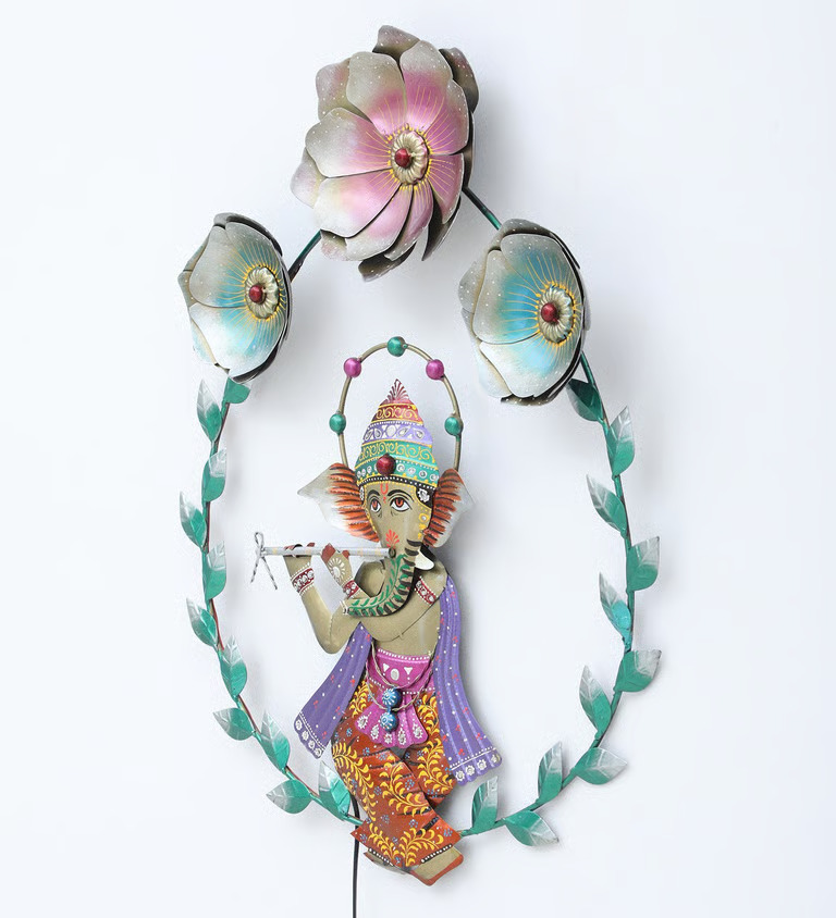 Decorative Flower Ganesh Multicolour Metal with LED Wall Art