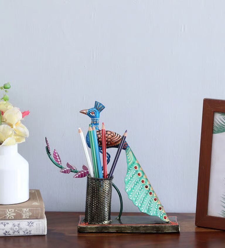 Peacock Multicolour Metal Pen Stand