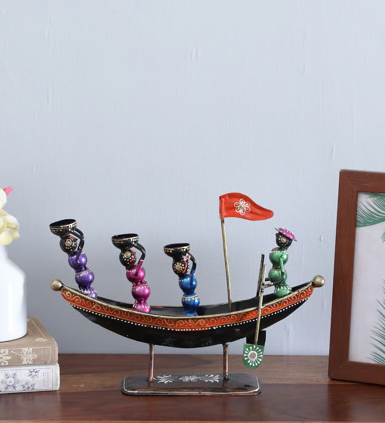 Decorative Boat Multicolour Metal Table Tea Light Holder