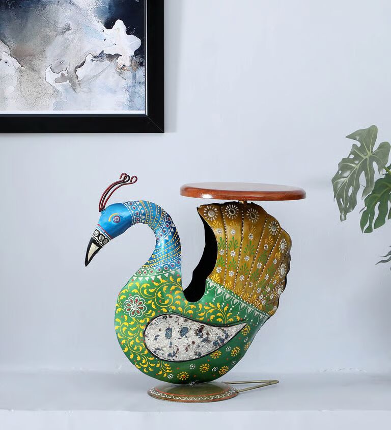 Peacock Stool Multicolour Iron Figurines