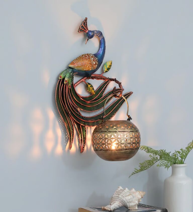Peacock Hook Jali Pot Multicolour Metal Wall Tea Light Holder
