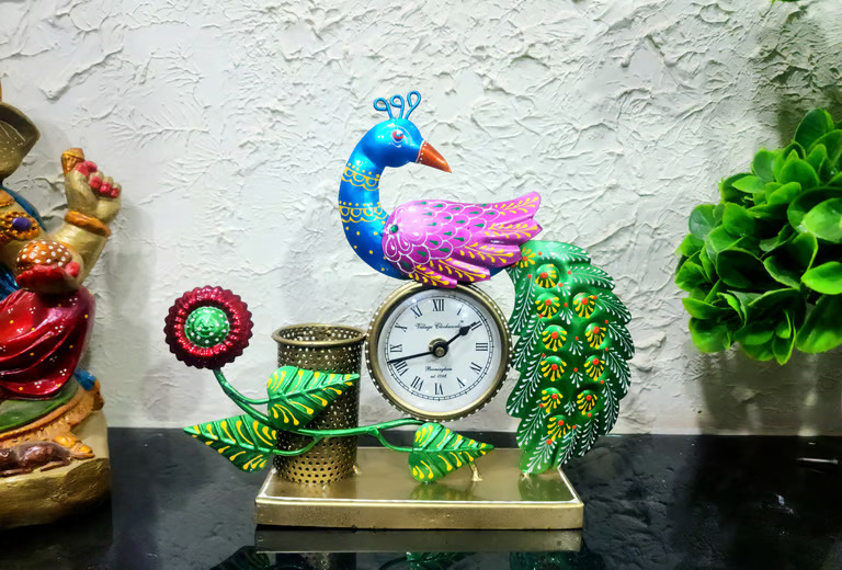 Decorative Multicolourr Peacock clock and  pen stand 