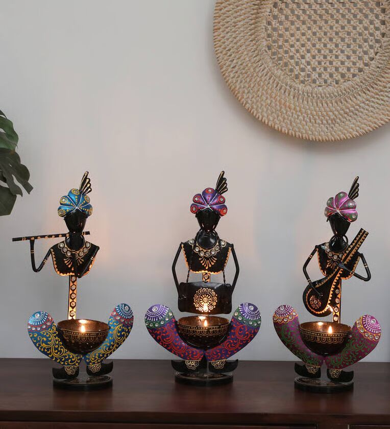Krishna Set Of 3 Multicolour Iron Tea Light Holder