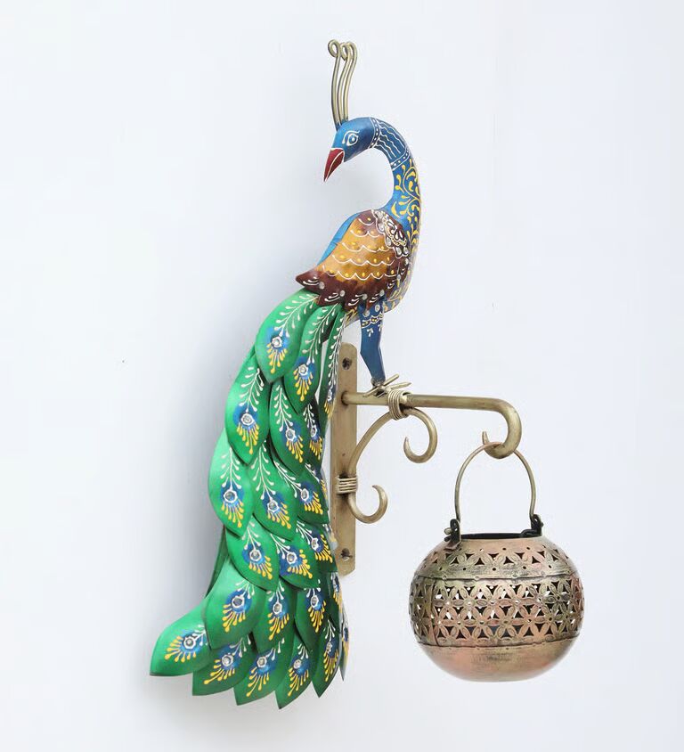 Decorative Peacock Multicolour Iron Wall Hanging Tea Light Holder
